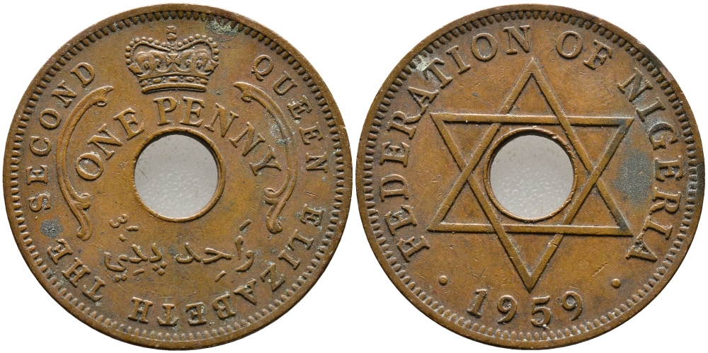 Нигерия 1 пенни 1959 Елизавета II (1952-), Британский протекторат KM 2 бронза 51-1945