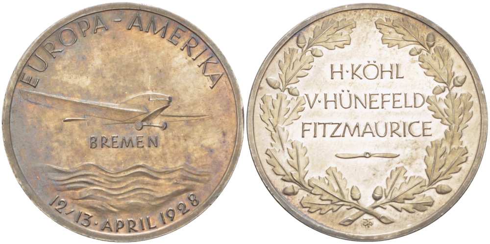 БРЕМЕН МЕДАЛЬ 1928 12-13 АПРЕЛЯ 1928, ПЕРЕЛЁТ ЧЕРЕЗ АТЛАНТИКУ (ЕВРОПА - АМЕРИКА), ВЕС 25 ГР., ДИАМЕТР 36,5 ММ. Kaiser 939. серебро 1084-2-13