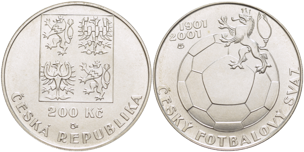 Чехия 200 крон 2001 100 лет чешской футбольной ассоциации (1901-2001) KM 52 серебро UNC 00-00-00