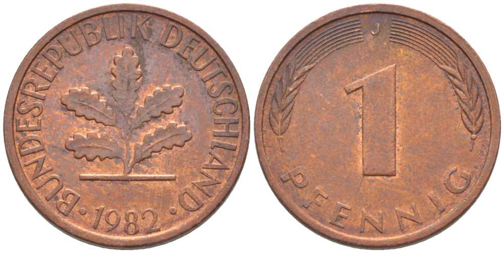 ФРГ 1 ПФЕННИГ 1982 J KM 105, J. 380 сталь плакированная медью 116-359