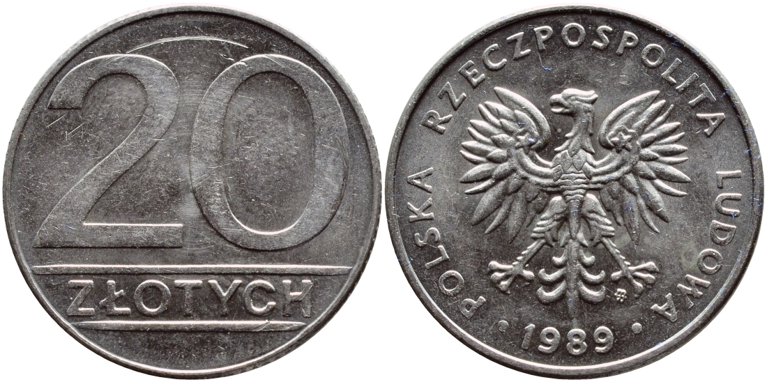 ПОЛЬША 20 ЗЛОТЫХ 1989 MW KM 153.2 медно-никель 4390-615