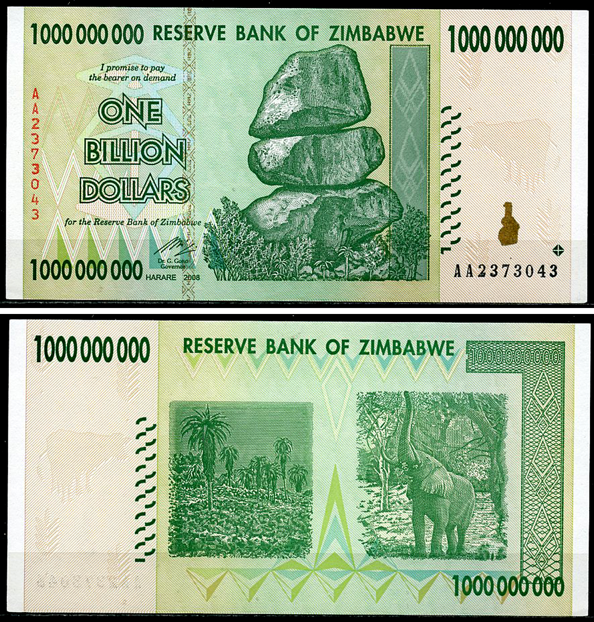 Зимбабве 1000000000 долларов (миллиард) 2008 камни Чиремба, алоэ, слон Pick 83  бумага  UNC (пресс) 449-104-3