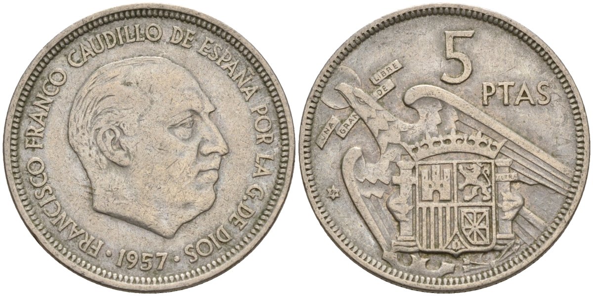 Испания 5 песет 1957 (59) Франсиско Франко (1939 - 1975) KM 786 медно-никель 4155-526