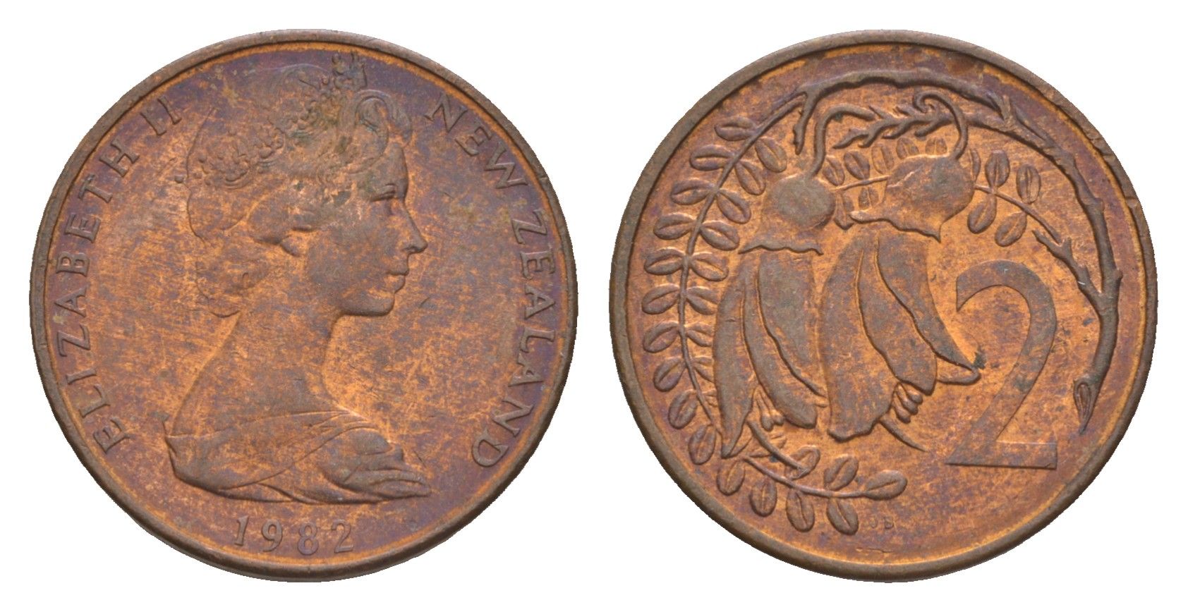 Новая Зеландия 2 цента 1982 Елизавета II (1952-2022), два цветка кохаи KM 32.1 бронза 4655-1151