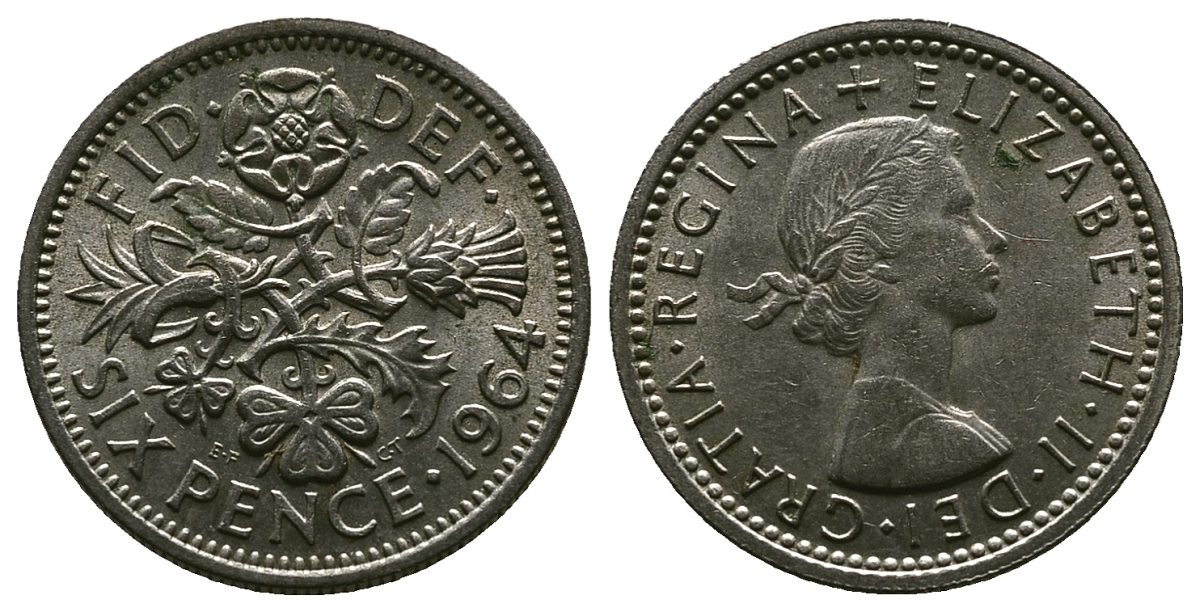Великобритания 6 пенсов 1964 Елизавета II (1952-2022) KM 903, Spink 4149 медно-никель 4381-815