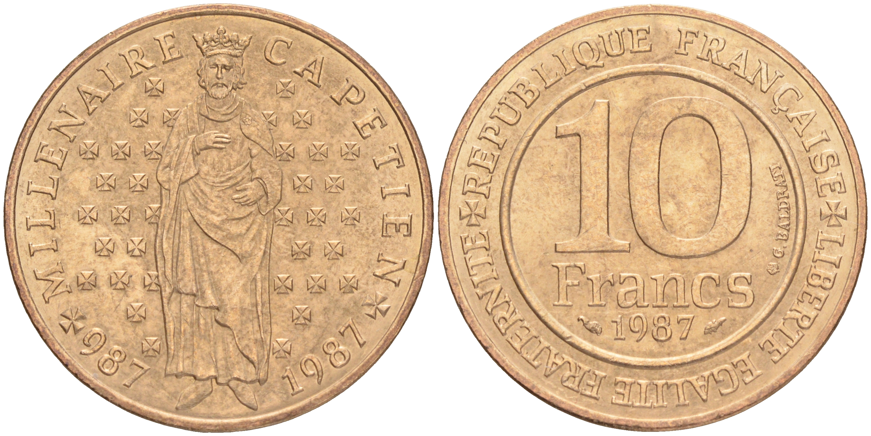 Франция 10 франков 1987 1000 лет первому королю Франции Гуго Капету KM 961 d, Le Franc 371.2 никелированная бронза UNC 189-312