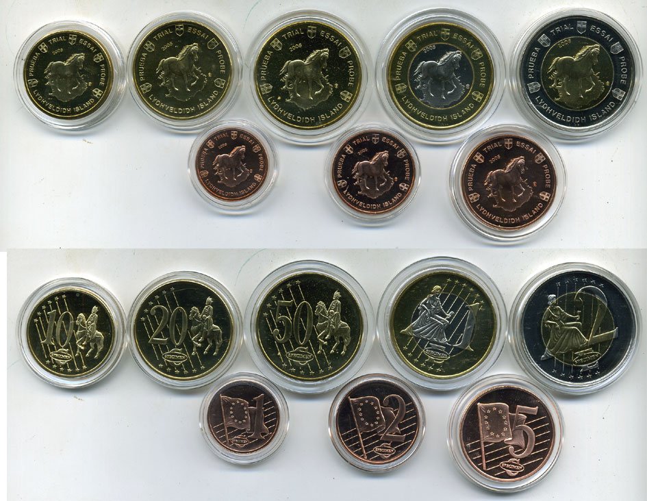 ИСЛАНДИЯ НАБОР ИЗ 8 МОНЕТ 2005 ЕВРОПРОБНИКИ (крупный формат) СЕРТИФИКАТ, КАПСУЛЫ, ЖИВОТНЫЕ, КОНЬ биметалл PROOF 06-081-8