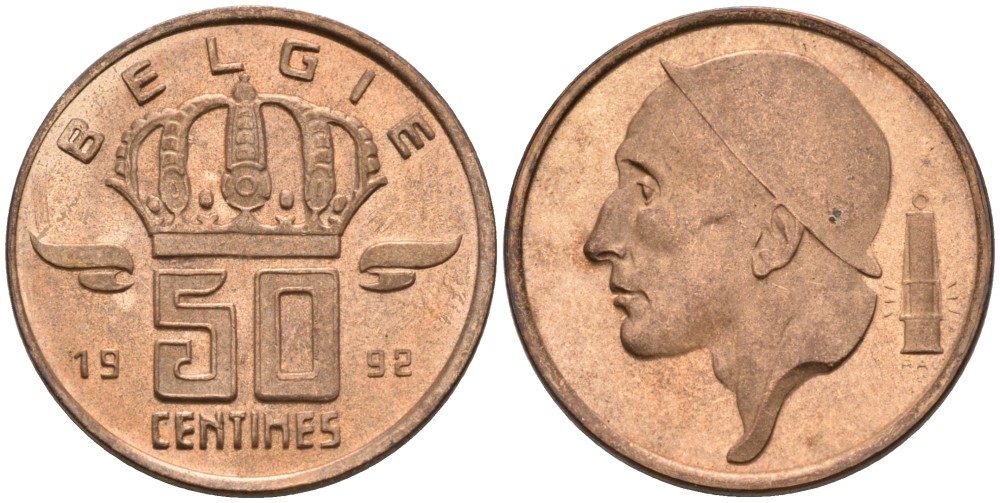 Бельгия 50 сантимов 1992 Belgie KM 149.1 бронза UNC 192-458