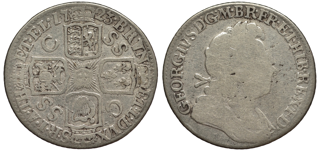 Великобритания 1 шиллинг 1723 SSC, Георг I (1714-1727) KM 558.1, Spink 648 серебро 00-00