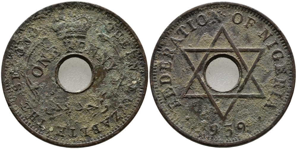 Нигерия 1 пенни 1959 Елизавета II (1952-), Британский протекторат KM 2 бронза 51-335
