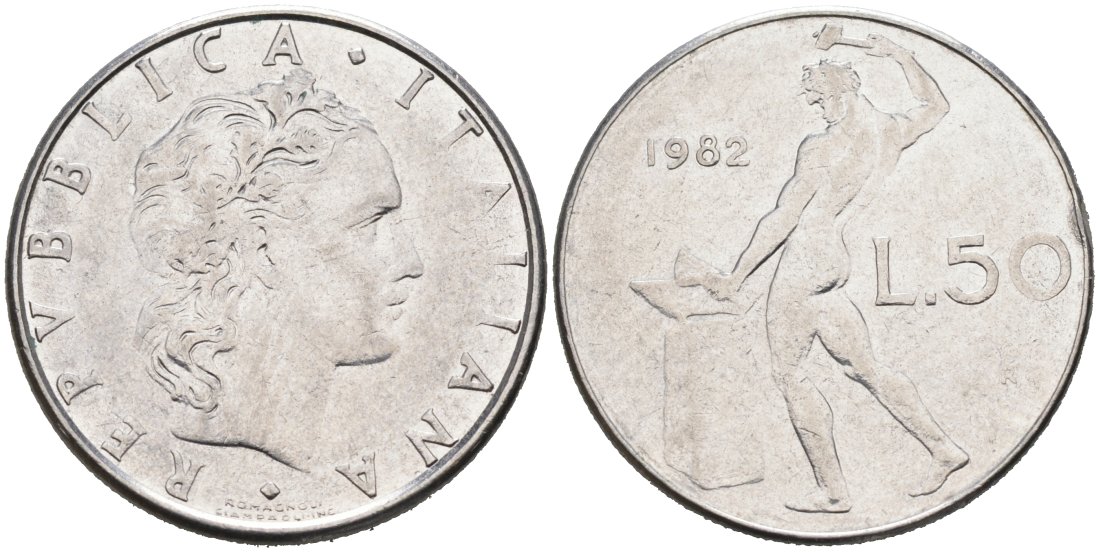 Италия 50 лир 1982 R, Бог огня Вулкан у наковальни KM 95.1 нержавеющая сталь 4573-815