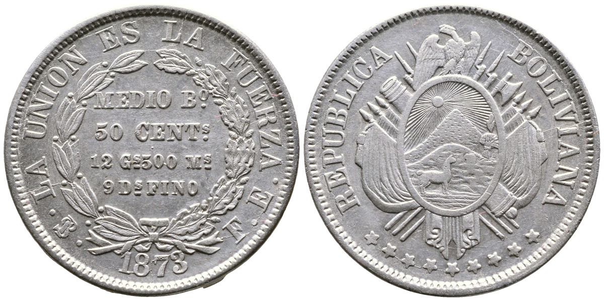 Боливия 50 сентаво 1873 FE KM 161.1 серебро 00-00