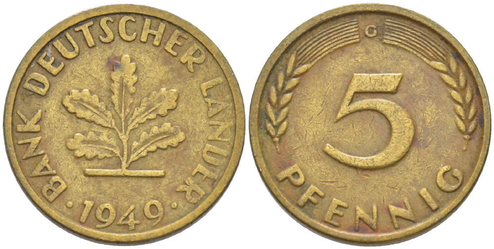 ФРГ 5 ПФЕННИГОВ 1949 G KM 102, J. 377 сталь плакированная латунью 4181-864