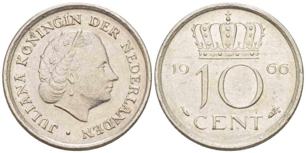 НИДЕРЛАНДЫ 10 ЦЕНТОВ 1966 ЮЛИАНА (1948-1980) KM 182 никель 214-1224