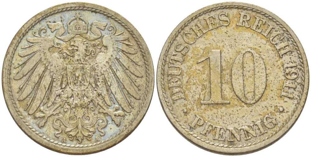 ГЕРМАНИЯ 10 ПФЕННИГОВ 1911 A KM 12, J. 13, Weege 8 медно-никель 212-147