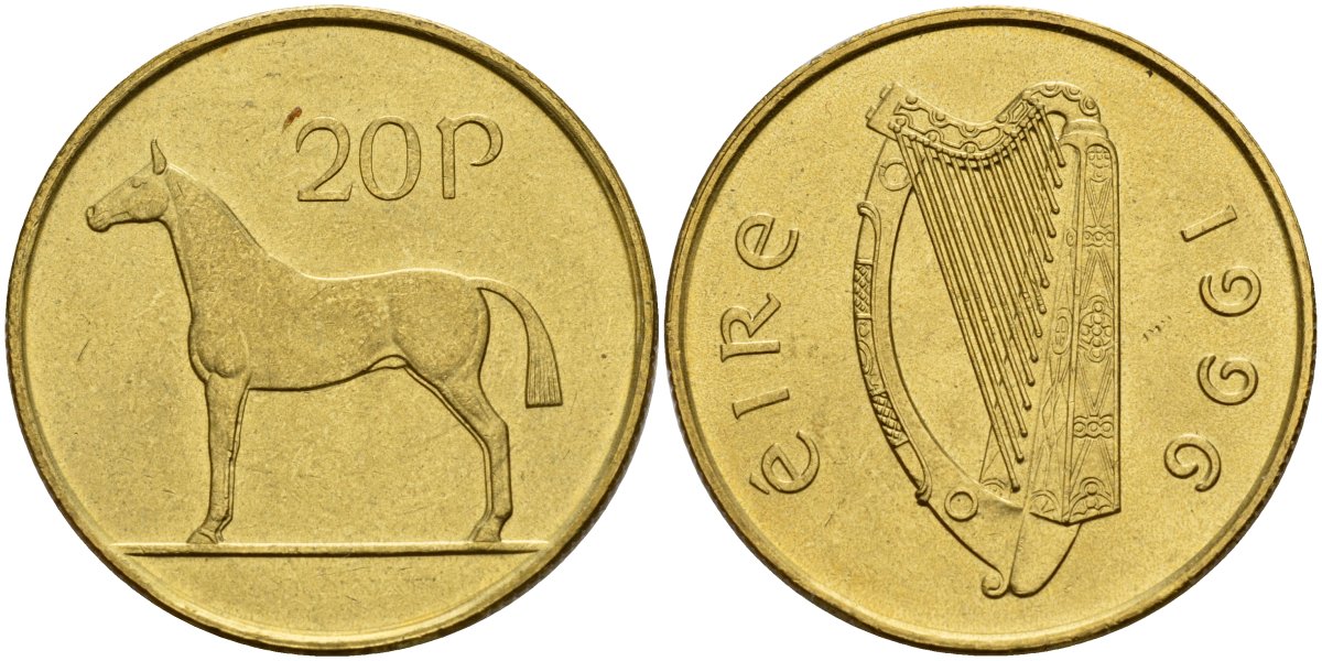 Ирландия 20 пенсов 1996 лошадь KM 25 никель бронза 4140-343