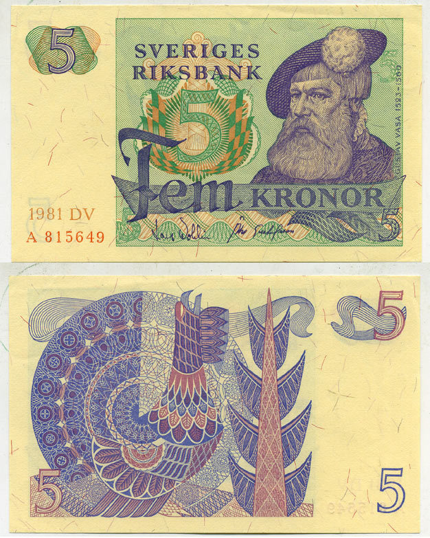 Швеция 5 крон 1981 DV, Густав I Ваза Pick 51d бумага aUNC 444-52-2