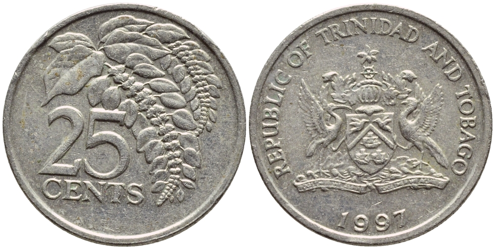 Тринидад и Тобаго 25 центов 1997 цветок дикая пуансеттия KM 32 медно-никель 4396-769