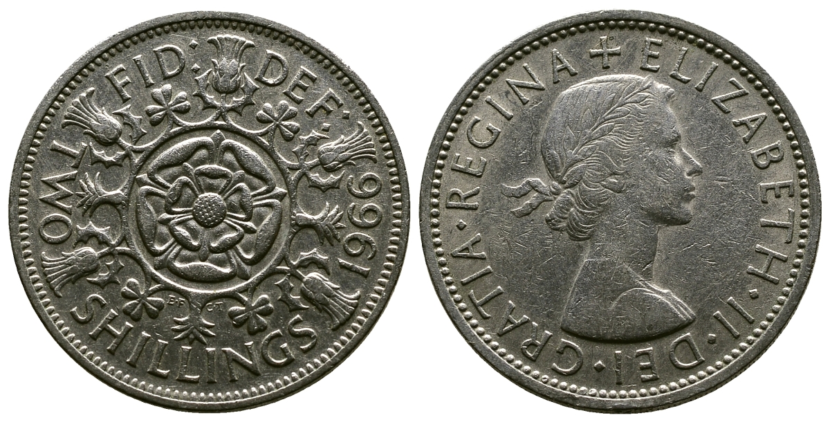 Великобритания 2 шиллинга (флорин) 1966 Елизавета II (1952-2022) KM 906, Spink 4146 медно-никель 4382-616