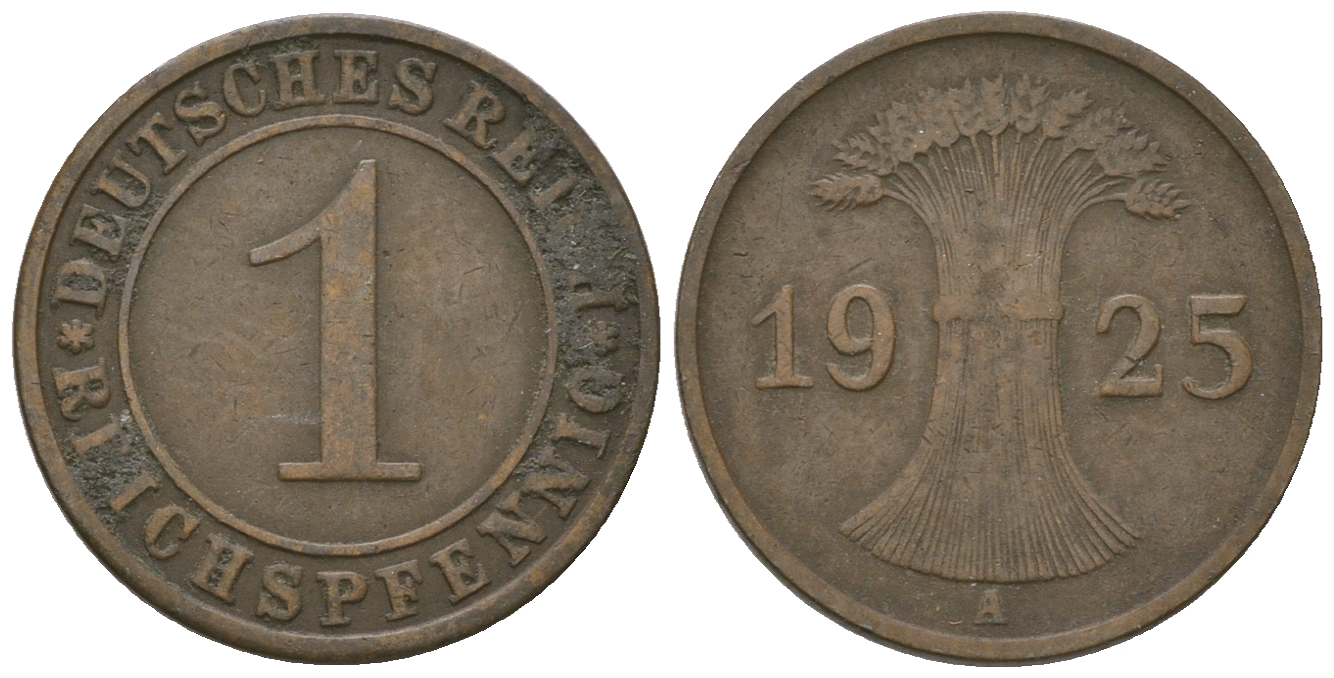 Германия 1 рейхспфенниг 1925 А KM 37, J. 313 бронза 3458-1128