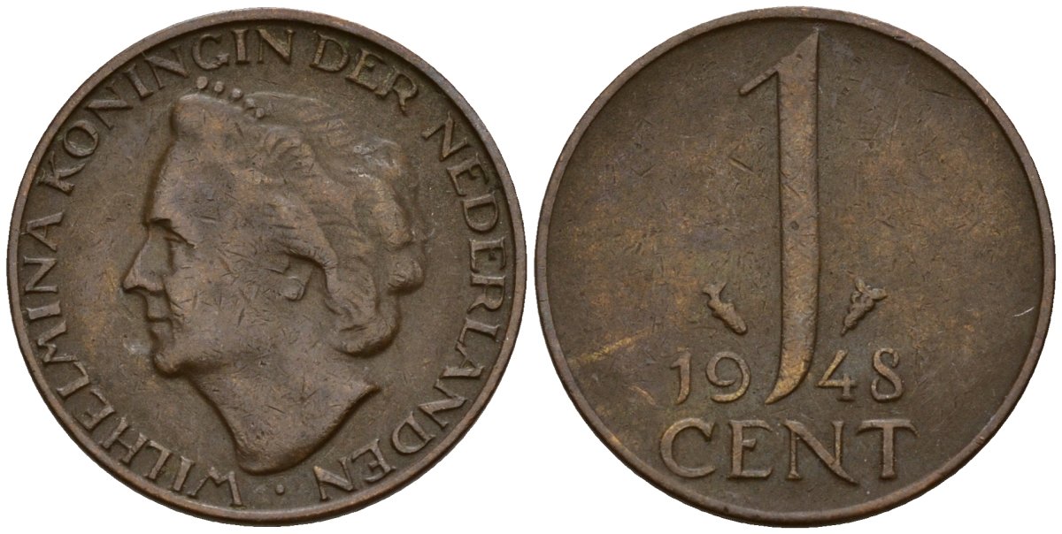Нидерланды 1 цент 1948 Вильгельмина I (1890-1948) KM 107 бронза 4164-237
