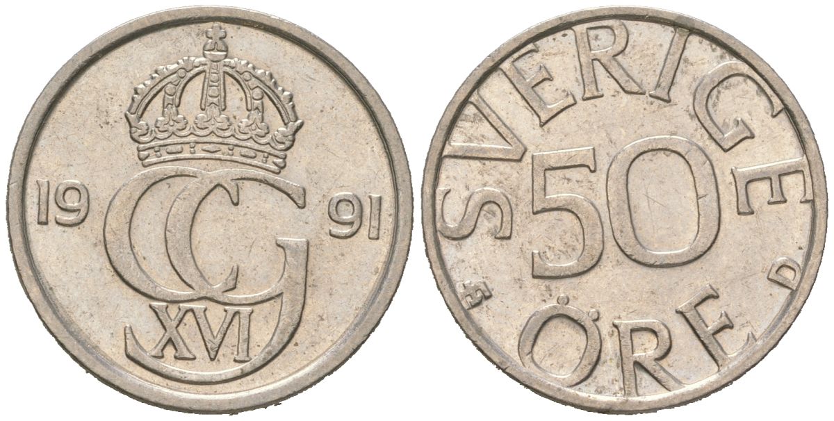 Швеция 50 эре 1991 Карл XVI Густав (1973- ) KM 855 медно-никель UNC 4618-251