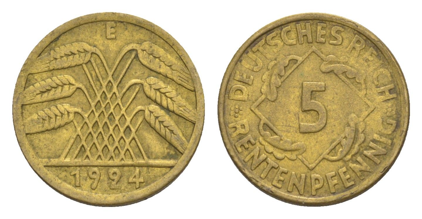 Германия 5 рентенпфеннигов 1924 E KM 32, J. 308 алюминиевая бронза 4644-1131