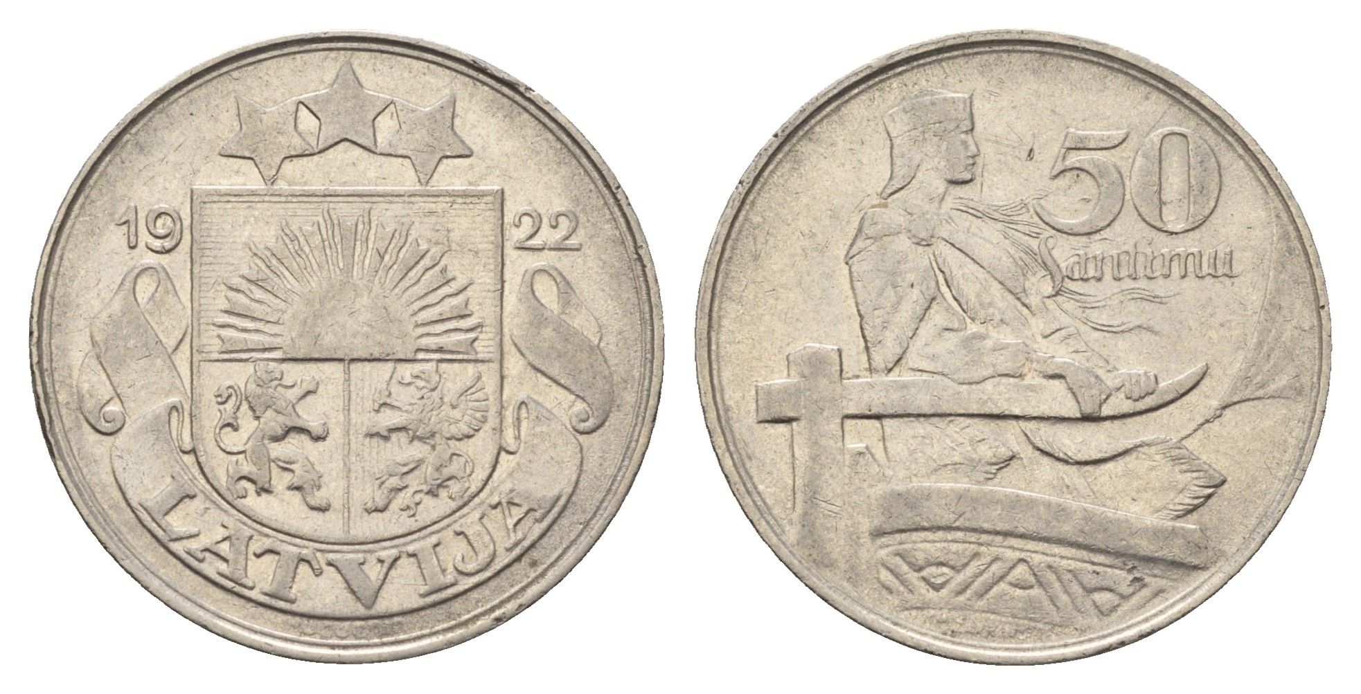 Латвия 50 сантимов 1922 год-тип KM 6 никель 4646-323