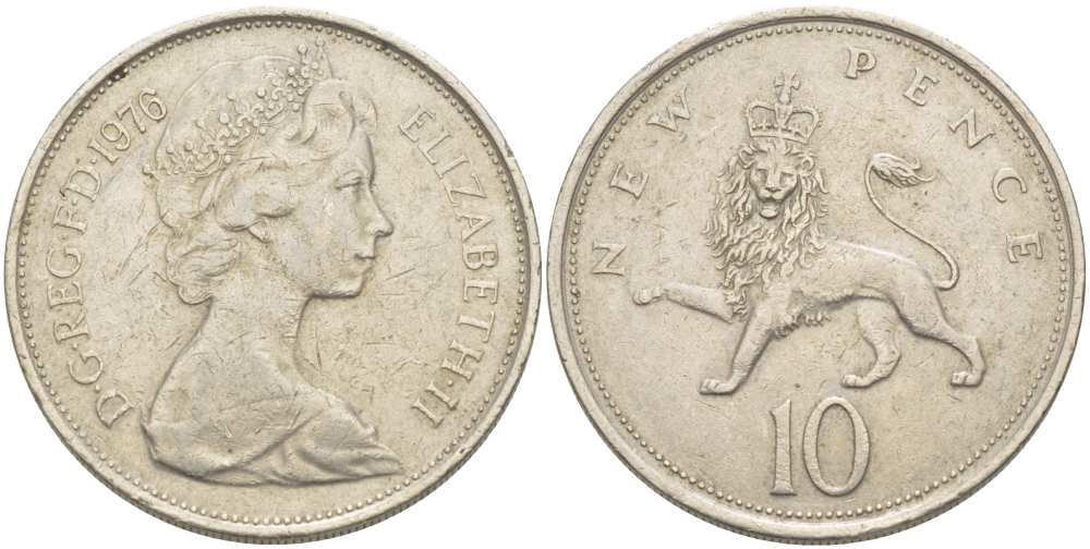 Великобритания 10 пенсов 1976 Елизавета II (1952-2022) KM 912, Spink 4231 (F1) медно-никель  215-723
