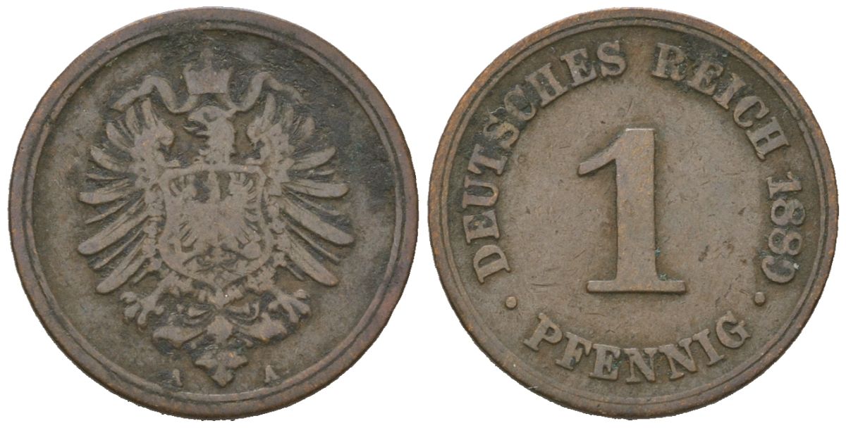 Германия 1 пфенниг 1889 A, Вильгельм II (1888-1918) KM 1, J. 1, Weege 1 медь 4615-213