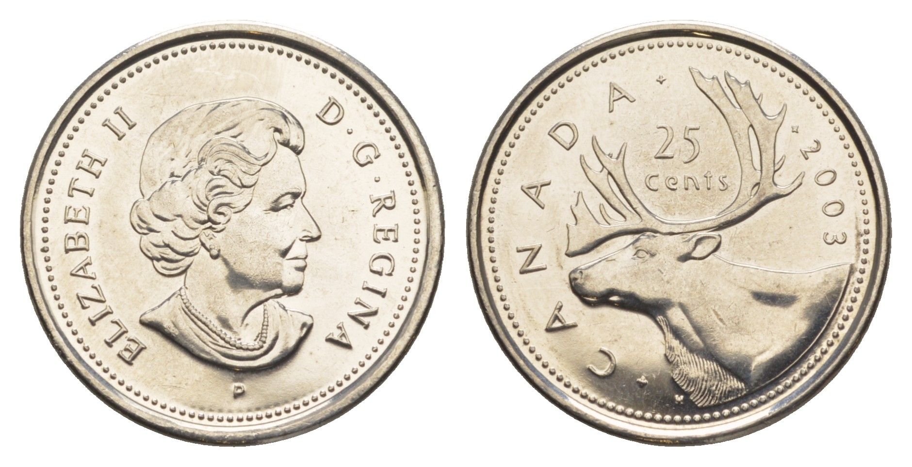 Канада 25 центов 2003 P, Елизавета II (1952-2022), олень KM 493 сталь плакированная никелем BU 4637-835