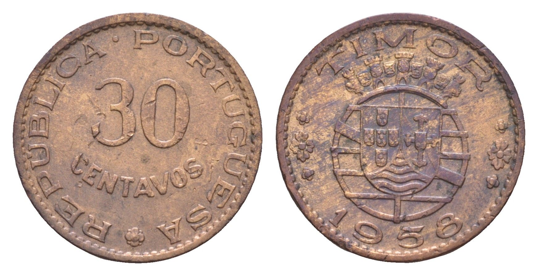 Португальский Тимор 30 сентаво 1958 год-тип KM 11 бронза 413-1341