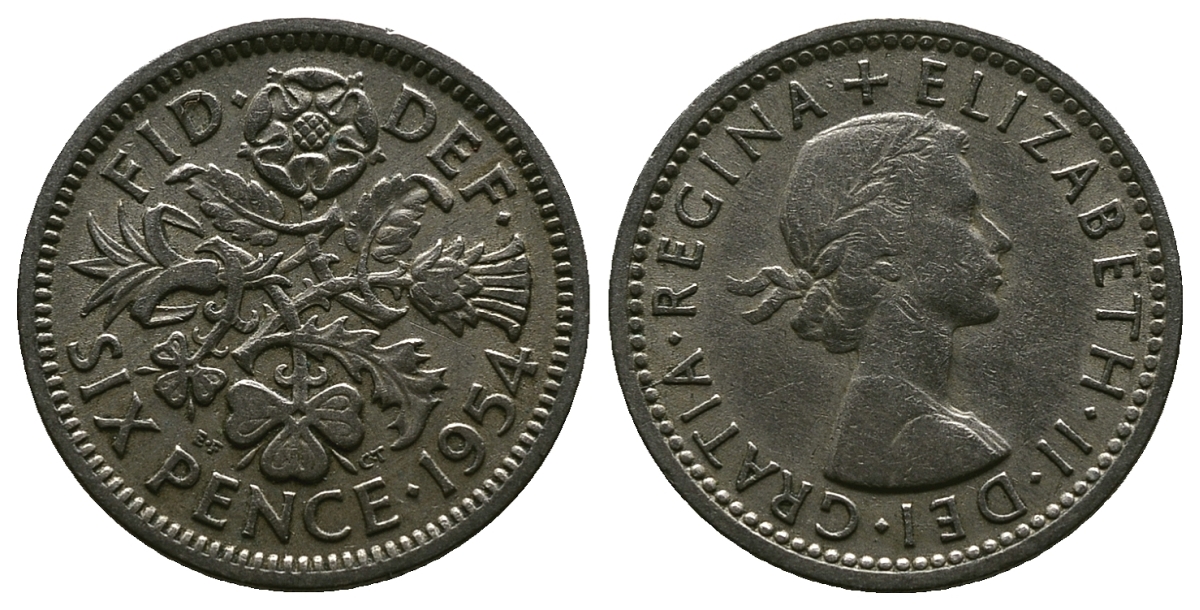 Великобритания 6 пенсов 1954 Елизавета II (1952-2022) KM 903, Spink 4149 медно-никель 4381-645