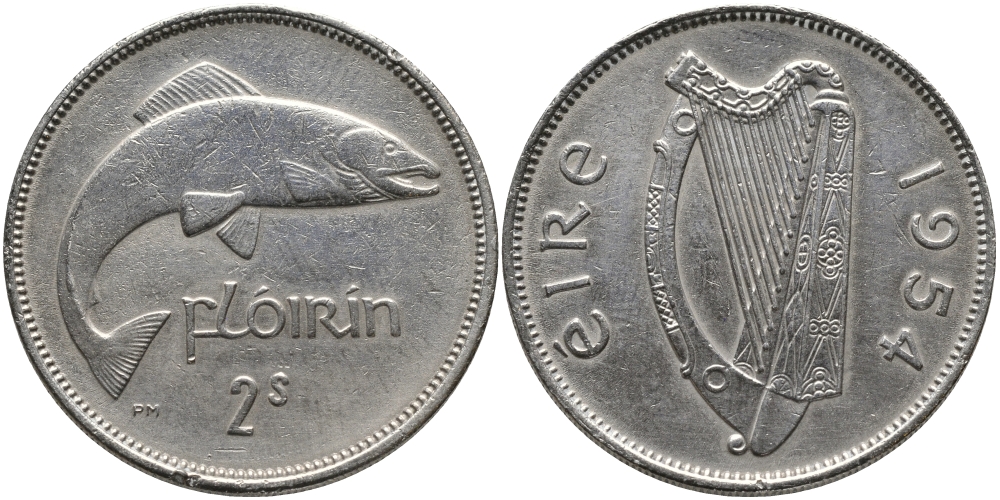 ИРЛАНДИЯ 1 ФЛОРИН - 2 ШИЛЛИНГА 1954 ЛОСОСЬ KM 15а медно-никель 89-1537