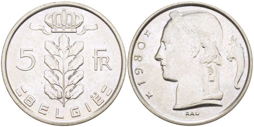 БЕЛЬГИЯ 5 ФРАНКОВ 1980 BELGIE, БОДУЭН I (1951-1993) KM 135.1 медно-никель 4364-1532