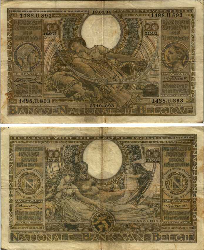 БЕЛЬГИЯ 100 ФРАНКОВ = 20 БЕЛГА 1934 18 АВГУСТА 1934, АЛЬБЕРТ И ЕЛИЗАВЕТА Pick 107 бумага 7214-45-1