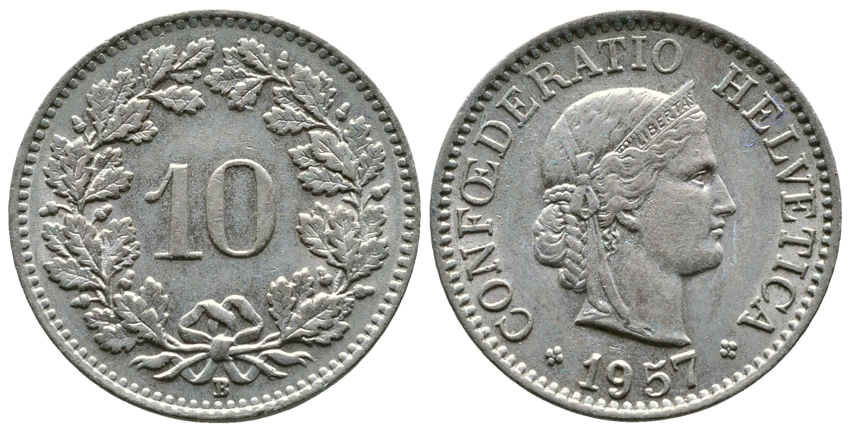 ШВЕЙЦАРИЯ 10 РАППЕНОВ 1957 В KM 27 медно-никель 4110-1613