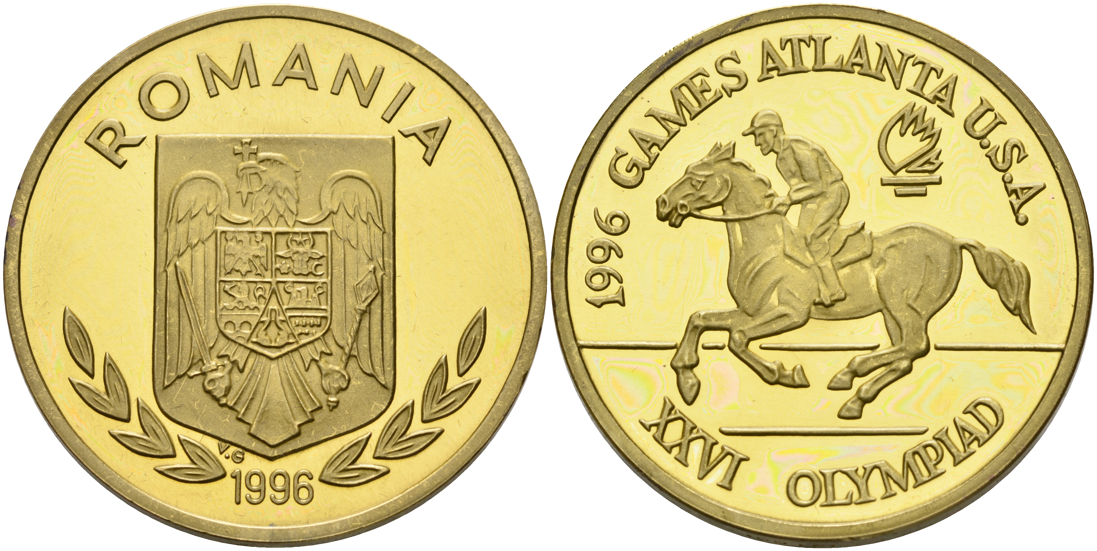 Румыния 100 леев 1996 XXVI Олимпийские игры 1996 года в Атланте, 100 лет Олимпийскому движению, скачки, пробный выпуск, пифорт KM PnB 315A1 латунь  PROOF  1525-1241
