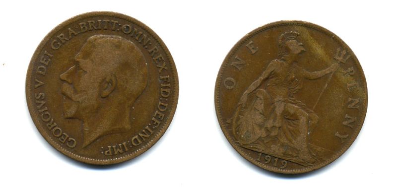 Великобритания 1 пенни 1919 Георг V (1910-1936) КМ 810, Spink 4051 бронза 47-242