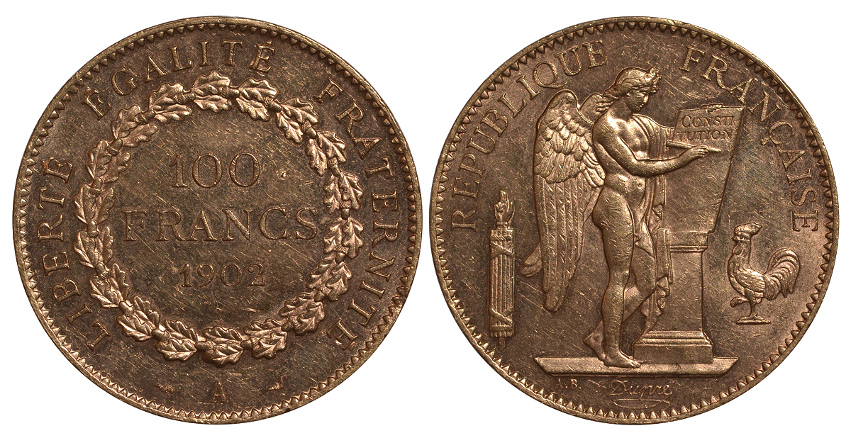 Франция 100 франков 1902 A, ангел KM 832 золото UNC 00-000-00