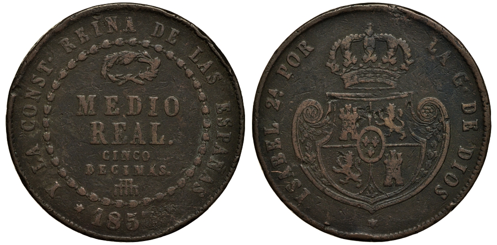 Испания 1/2 реала 1853 Изабелла II (1833-1868) KM 591 медь 1521-1624