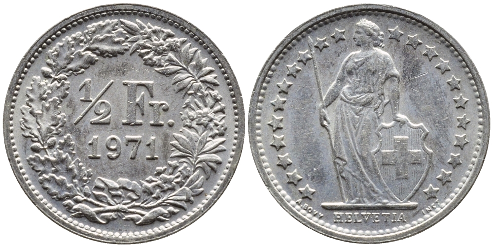Швейцария 1/2 франка 1971 KM 23а.1 медно-никель 4392-138