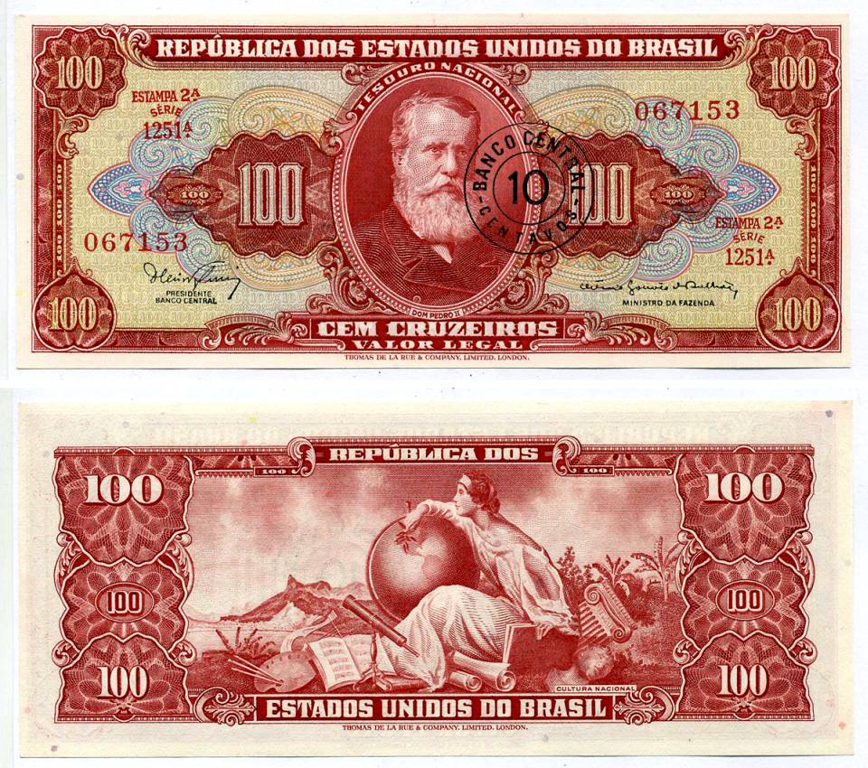 БРАЗИЛИЯ 10 СЕНТАВО 1967 СЕРИЯ 1251А, ESTAMPA 2A, НАДПЕЧАТКА НА 100 КРУЗЕЙРО Pick 185b бумага UNC (ПРЕСС) 7222-19-1