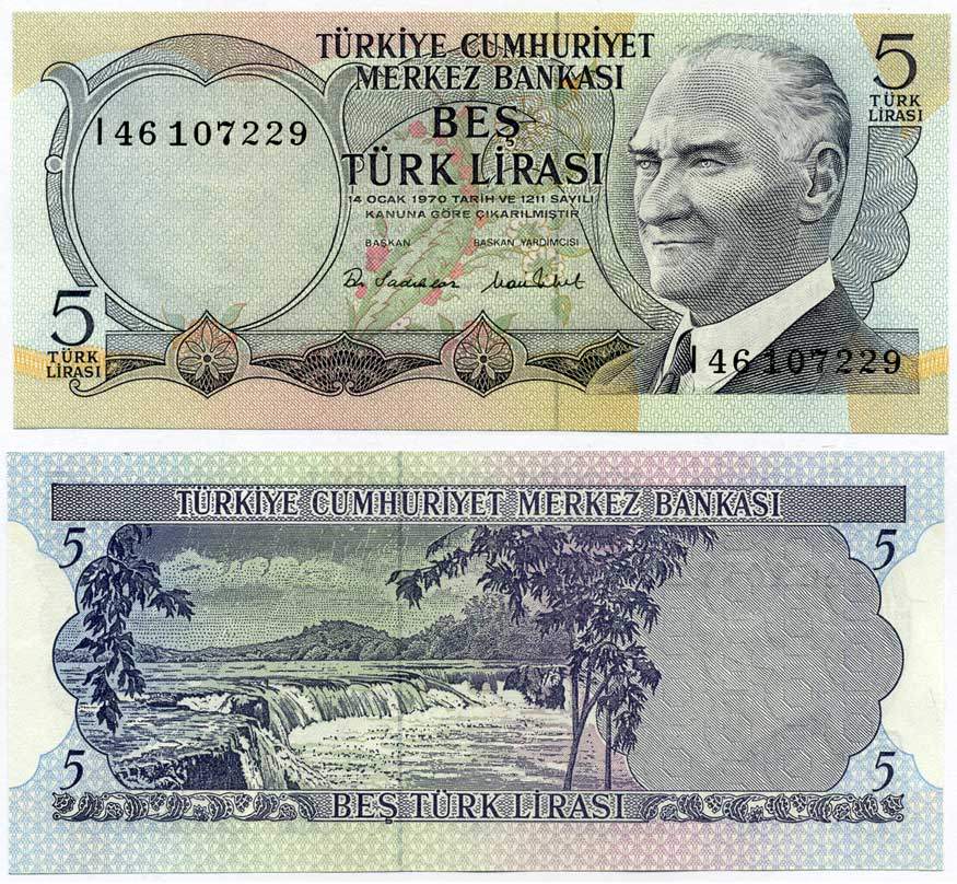 ТУРЦИЯ 5 ЛИР 1976 ПРЕЗИДЕНТ КЕМАЛЬ АТАТЮРК, МАНАВГАТ ВОДОПАД В АНТАЛИИ Pick 185 бумага UNC (ПРЕСС) 8592-14-1-1