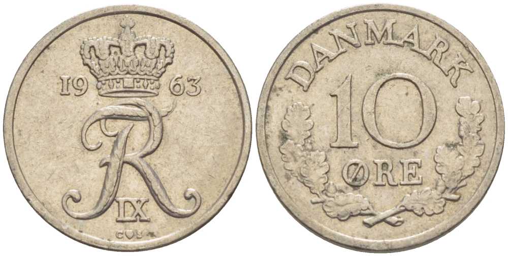 ДАНИЯ 10 ЭРЕ 1963 C; S, ФРЕДЕРИК IX (1947-1972) KM 849.1 медно-никель 4387-869
