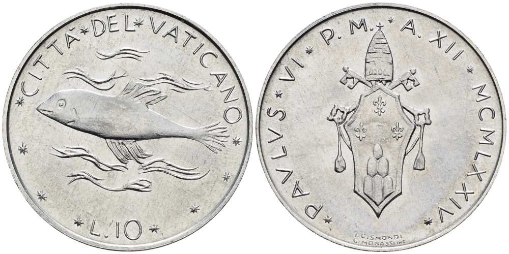 ВАТИКАН 10 ЛИР 1974 ГОД XII, ПАВЕЛ VI (1963-1978), РЫБА KM 119 алюминий 4519-227