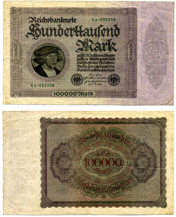 Германия 100000 марок 1923 1 Февраля 1923, выпуск (март 1923-5 Июля 1925), номер шестизначный, серия 6A 032958 Pick 83, Розенберг 82d бумага 8564-33-1-2