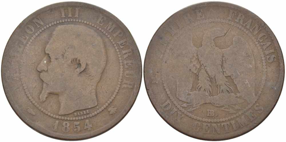 ФРАНЦИЯ 10 САНТИМОВ 1854 BB, НАПОЛЕОН III (1852-1870), INCLUS KM 771.3, LE FRANC 133.13 бронза 38-1022