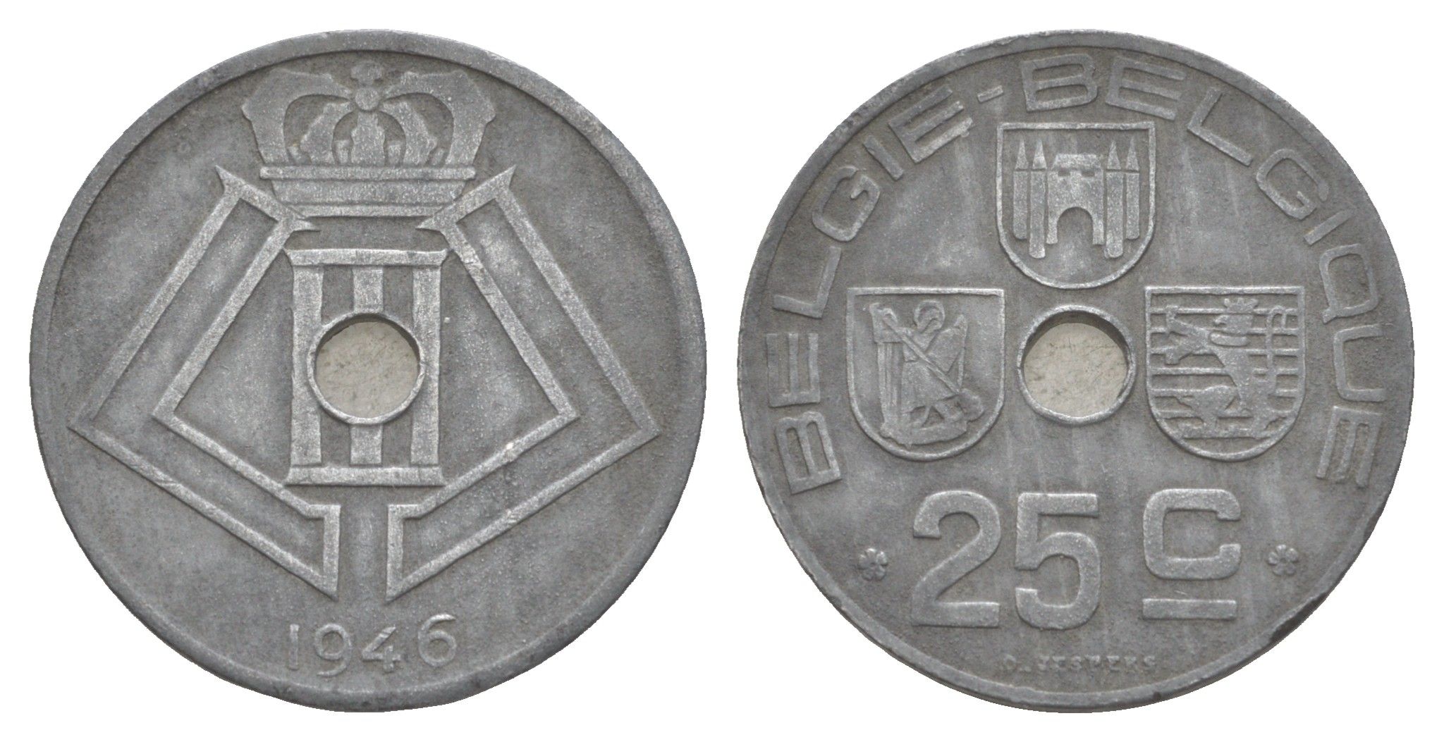 Бельгия 25 сантимов 1946 Belgie - Belgique, Леопольд III (1934-1951), германская оккупация, Вторая мировая война KM 132 цинк 4538-943