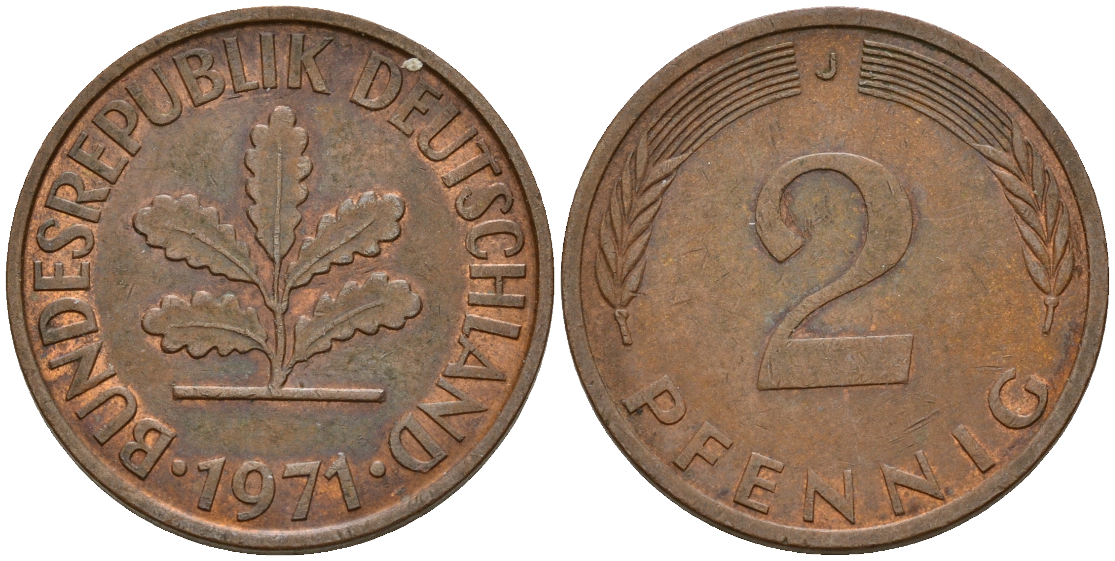 ФРГ 2 пфеннига 1971 J J.381a, KM 106a сталь плакированная медью    4598-767
